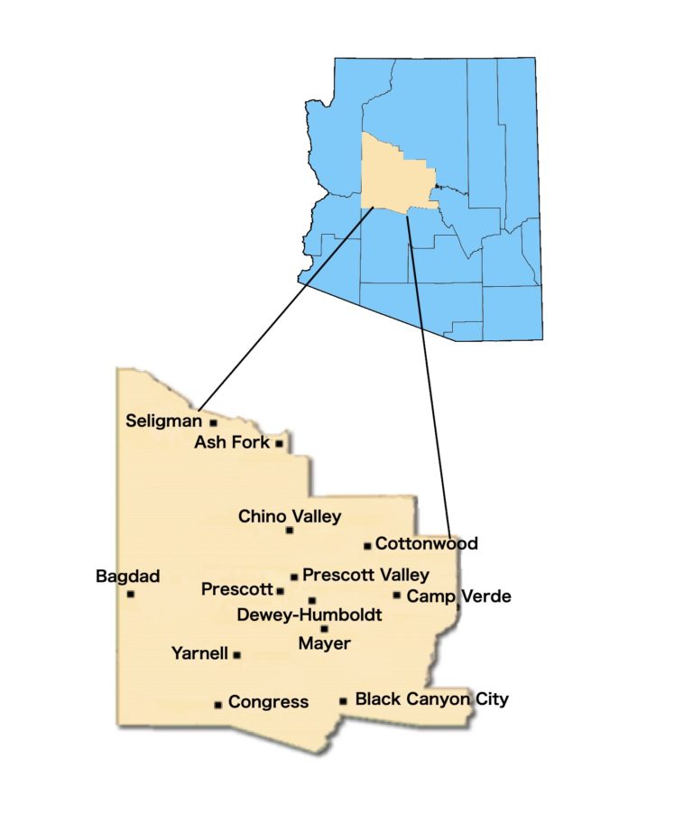 Graphic of Arizona with Yavapai County Cities Insert