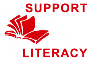 Open Book with Support Literacy Title in Red Color